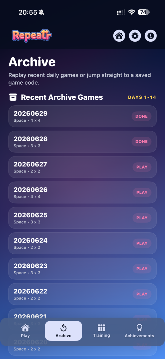 Repeatr archive list of recent daily games