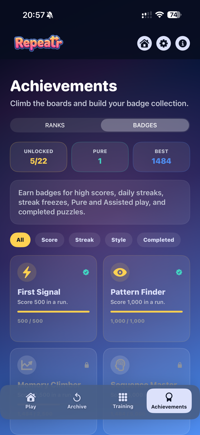 Repeatr achievements badges screen