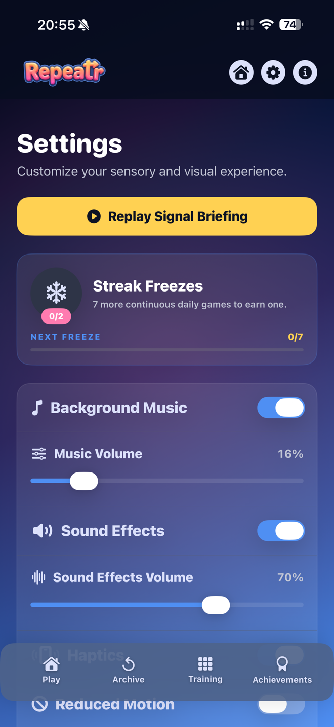 Repeatr settings screen with sound controls