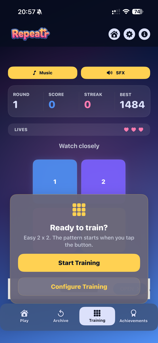 Repeatr training mode prompt